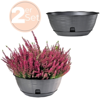 2er Set Pflanzschale Blumenschale Pflanzschalen für draussen Bonsai Topf Pflanzschale Rund inkl. Untersetzer Grabschale Anthrazit 40 cm