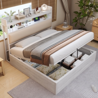 Bettrahmen, mit hydraulischer Hebevorrichtung, USB, gepolstertem Kopfteil, Vintage-Design aus Holz und Metall, verstecktem Stauraum, Doppelbett, Moderne Schlafzimmermöbel, Holz und Metall, Weiß, 180 x 200