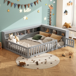 Merax Holzbett Kinderbett Daybett 140x190cm mit Stauraum, Aufladen und Geländer, grau