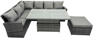 Fimous 7 Sitzer Outdoor Rattan Hoher Rücken Höhenverstellbarer Esstisch Ecksofa Set Gartenmöbel Dunkelgrau gemischt Links Hund