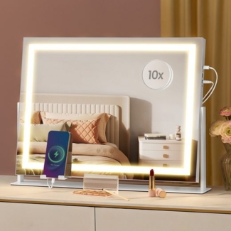 SONGMICS Schminkspiegel mit LED-Beleuchtung, Touch-Steuerung, 15 LED-Glühbirnen, mit Ladeanschlüssen, 10X Vergrößerungsspiegel, 3 Lichtfarben, dimmbar, Handyhalter, mattweiß LWMDE001W02