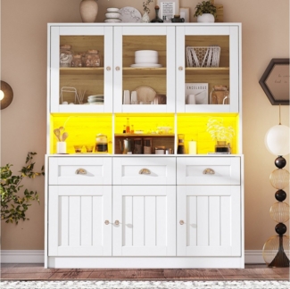 Celya Küchenbuffet Küchenschrank(140×40×175cm), Hochschrank Küchenbuffet (Sideboard mit LED-Beleuchtung,Variable Lichtfarben, Vitrinenschrank, Buffetschrank mit Verstellbaren Ablagen) Weiß