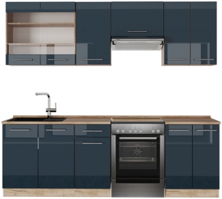 Küchenzeile Fame-Line Dunkelblau Hochglanz/Goldkraft Eiche 240 cm ohne Arbeitsplatte Vicco