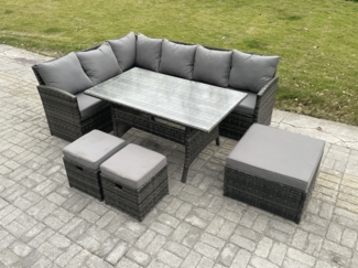 Fimous 9 Sitzer Outdoor Rattan Gartenmöbel-Set mit Rechteckiger Esstisch 3 Fußhockern Dunkelgrau gemischt