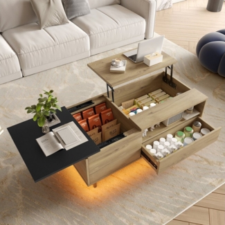 KLAM HOME Couchtisch Höhenverstellbarer Schrank mit moderner LED-Bodenbeleuchtung (Individuell anpassbare Aufteilung mit praktischen Schubladen, Fächern), Maßgeschneidert für multifunktionale Minimalismus-Wohnzimmer
