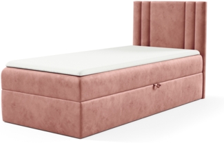 MEBLINI Kinderbett mit Bettkasten CARDI 90x200 Rechts – H3/Rosa Samt Gepolstert Einzelbett mit Matratze - Polsterbett mit Stauraum - Bett mit Kopfteil – Stauraumbett
