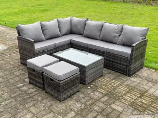 Fimous Hoher Rücken Dunkelgrau gemischt Rattan Ecksofa Set Gartenmöbel Rechteckiger Couchtisch 2 kleine Fußhockern 8 Sitzer
