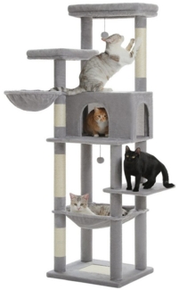 PETEPELA Kratzbaum Großer 186cm hoher Katzenturm aus Holz mit 2 geräumigen Hängematten, Mehrstöckiger Kratzbaum für Wohnungskatzen