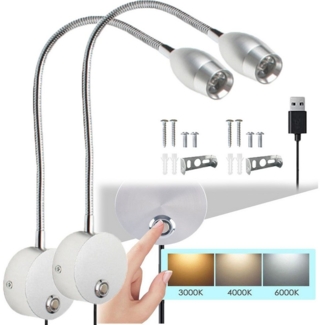 Jibenhome Bettleuchte LED Leselampe Wandmontage,3 Farbmodi mit Touch-Dimmer, Silber, LED fest integriert