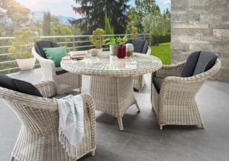 Destiny Garten-Essgruppe MALAGA LUNA, (Set, 5-tlg, 1 Tisch Ø, 4 Sessel), (Set, 13-tlg, 4x Sessel, 1 Tisch Ø 100x75 cm) Aluminium, Polyrattan