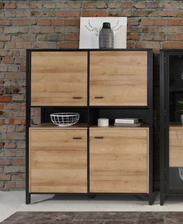 Highboard >HIGH ROCK< in Schwarz/ Riviera Eiche Dekor, 4 Türen - 121,3x152,3x40,2cm (BxHxT)