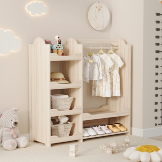 Merax Kindergarderobe Kinderkleiderschrank mit Kleiderstange & 4 Regalen, Aufbewahrung für Kinderzimmer, Standgarderobe Naturholz