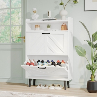 VOWNER Schuhschrank mit 2 Klappen, verstellbarem & abnehmbaren Regal, Holzbeinen (1-St) Freistehendem Schuhregal, 75 x 24 x 113 cm, für Eingang/Flur
