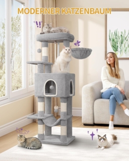 Kratzbaum, 149cm Katzenbaum, Katzenkratzbaum mit 5 Kratzs?ulen, gro?en Plattformen, Versteckh?hle, mehrst?ckiges Katzenaktivit?tszentrum, Pompons, Hellgrau