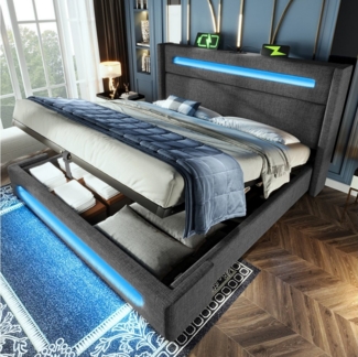 TavilaEcon Boxspringbett Modernes LED-Bett mit Ladestation und USB/Type-C-Anschlüsse, hydraulischer Stauraum, leinenimitat-Optik, Grau/Beige
