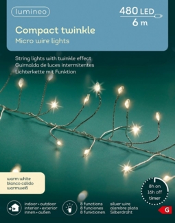 Lumineo LED-Lichterkette Lumineo Micro-LED COMPACT TWINKLE 480 LED 6 m warm weiß, Silberdraht, Indoor/Outdoor, 8 Funktionen, 8h-Timer, + 5 Meter