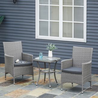 Flieks Gartenmöbel Set 3-tlg mit 2 quadratische Stühlen, Couchtisch & Kissen, Outdoor Balkonmöbel Set für 2 Personen, Hochlehner-Sessel, Rattan, Grau
