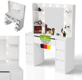 Juskys Schminktisch Malia mit LED-Beleuchtung & Spiegel, 7 Schubladen, stufenlos dimmbar, 3 Farbtemperaturen, Stauraum, elegantes Design – Weiß