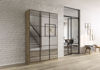 rauch Acero, Garderobenschrank in moderner Loft-Optik, 3-türig, 3 Glastüren, mit 8 Einlegeböden, Farbe Eiche Artisan, BxHxT 136x210x41cm