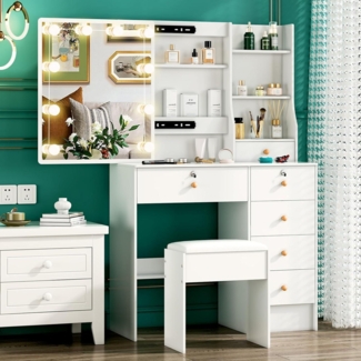 Schminktisch mit Beleuchtung und Schiebespiegel Weiß 36x80x131cm