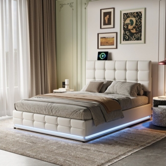 PXloue Polsterbett Stauraumbett Doppelbett 140x200 cm (Für Jugendliche geeignet), mit LED-Beleuchtung und Stauraum,Kunstleder,140x200 cm