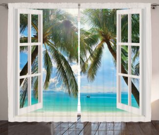 Abakuhaus Gardine Schlafzimmer Kräuselband Vorhang mit Schlaufen und Haken, Tropisch Fenster zum exotischen Strand