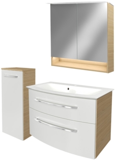 Fackelmann B.STYLE Badmöbel Set 4-teilig, 83 cm, Weiß/Braun + LED-Spiegelschrank + Midischrank links