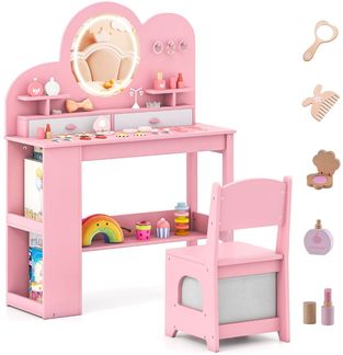 Kinderschminktisch mit Beleuchtung Prinzessinnen Frisiertisch & Stuhl Set mit 2 Schubladen Rosa