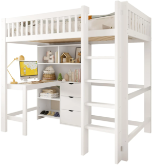Hochbett mit Schreibtisch, Regal, Schubladen und Lattenrost, 90x200 cm, Kinderbett mit Rausfallschutz und Leiter, Kiefer