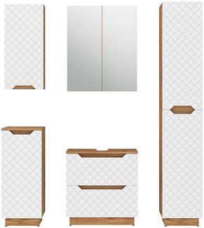 Badmöbel-Set Lotta Eiche/Weiß mit Kachelstruktur 5 Teile Vicco