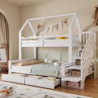 Kinder Etagenbett mit Treppenschrank, Dachdesign, 2 Rollschubladen, Weiß, 90/140x200 cm, Kinderbett Hochbett