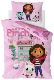 MTOnlinehandel Bettwäsche Gabbys Dollhouse Pinch Pinch 100x135 + 40x60 cm, Renforcé, 100% Baumwolle, 2 teilig, Meerkatze und Pandapfötchen, Bettwäsche- Set zum Wenden für Mädchen