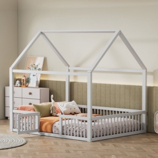 Flieks Massivholzbett, Kinderbett Doppelbett Hausbett mit Sicherheitsgitter 140x200cm