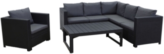 Keter Provence Garten-Lounge, Eck-Sofa mit grauen Kissen und höhenverstellbarem Tisch und Sessel, wetterfest