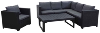 Keter Provence Garten-Lounge, Eck-Sofa mit grauen Kissen und höhenverstellbarem Tisch und Sessel, wetterfest