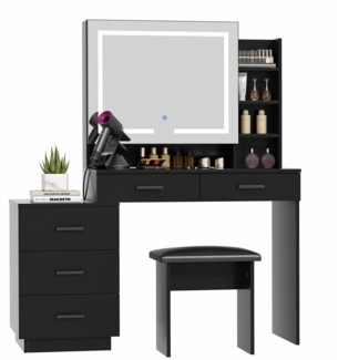 VOWNER Schminktisch mit LED-Schiebespiegel und 5 Schubladen (mit Hocker), 2 Steckdosen, 2 USB-Anschlüsse, 120 x 40 x 142 cm