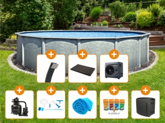 Steinbach Aktionsangebot Stahlwand Swimming Pool Set "Grande rund", Ø 457 x 135 cm,Zubehörset L (inkl. Filteranlage, Grundreinigungsset, Chlor Starterset, Solarabdeckplane, Pooltechnikbox, Wärmepumpe, Solardusche, Bodenelement)