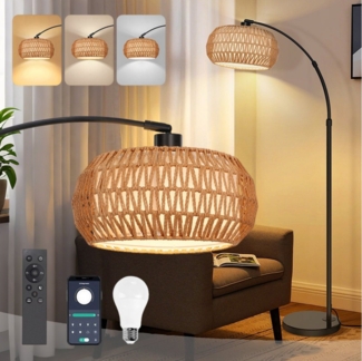 LMaxhome LED Stehlampe mit Fernbedienung Boho Dimmable Standlicht 185cm für Wohnzimmer, Büro, Höhenverstellbarer und 360° drehbarer Lampenarm, LED fest integriert, 3000-6500K, mit Fußschalter und APP-Steuerung, Doppelter Lampenschirm, Fassung E26