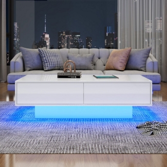 REDOM Couchtisch Mit 2 Schubladen und LED-Beleuchtung, Hochglanzoberfläche (Wohnzimmertisch, Beistelltisch mit Hochglanz Platte, 1-St, modernes Design), 30 kg belastbar,115×55×34 cm