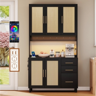 Flieks Küchenbuffet mit LED-Beleuchtung, Steckdosen und Haken (Buffet mit Rattantüren und Schubladen, 1-St, B100/T40/H183 cm) Hochschrank Küchenschrank Geschirrschrank mit verstellbare Ablagen