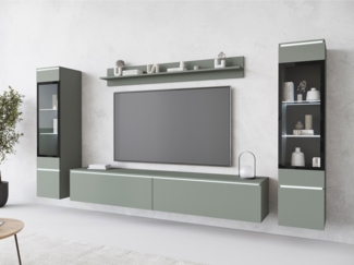 Wohnwand Doppo II, mit weißer LED Beleuchtung, Farbe: Nebelgrün