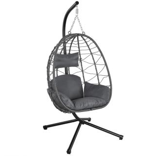 Juskys Hängesessel Aria mit Kissen - höhenverstellbar & faltbar - Polyrattan Hängeschaukel Outdoor & Indoor - Korbhängesessel bis 130kg Dunkelgrau