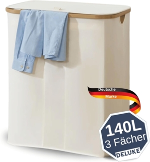 DELUKE® Wäschekorb mit Deckel 140L - Wäschekorb 3 Fächer Wasserabweisender Wäschesammler 3 Fächer & herausnehmbaren Wäschesäcke Faltbare Wäschebox mit Waschhinweisen Beige