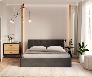 FDM Polsterbett Bettrahmen Bettgestell 90x200, 120x200, 140x200, 160x200, 180x200cm (MADE IN EU - mit hochwertigem Velours Bezug, Bettrahmen, Bett, Optional mit Matratze bestellbar, mit großen gepolsterten Kopfteil, mit Bettkasten zum aufklappen), Meta...