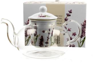 DUO FLORAL Teekanne 1000 ml CLASSIC LAVENDER mit Teesieb, Glas - New Bone China Porzellan