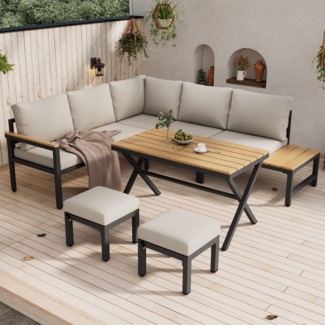 OKWISH Gartenlounge-Set Garten-Loungestuhl-Set, Garten-Essgruppe, (Gartenmöbel-Set, Outdoor-Sofa-Set, Balkonset, 6-tlg, Ecksofa, 2 Hocker, Esstisch), Kunststoff-Holz-Tischplatte mit Ablagen, verzinkter Stahl