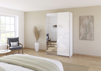 rauch Quadra, Kleiderschrank, Schiebetürenschrank, 2-türig, mit Spiegel und Glasfront, mit 2 Kleiderstangen und 4 Einlegeböden, Farbe Weiß/Glas Weiß, BxHxT 136x229x62cm