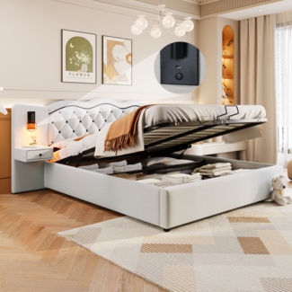 Polsterbett 180x200 cm, Doppelbett mit hydraulischem Hebemechanismus und Stauraum, integriertes Kopfteil mit Beleuchtung,Beige