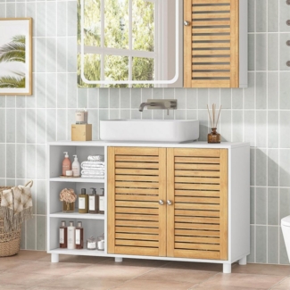 MSMASK Waschbeckenunterschrank Badschrank Unterschrank mit 2 Bambustüren, 3 offene Fächer 30 x 90 x 60 cm, Weiß