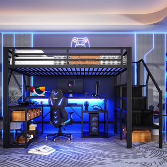 Merax Hochbett, 140 x 200 cm, Kinderbett, Doppelbett, Treppenkonstruktionen mit Stauraum, Sicherheitsgeländer, mit LED-Lichtleiste, Schreibtisch, mit USB-Anschluss, Schwarz